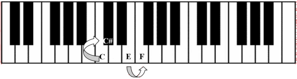Halftones on a piano keyboard